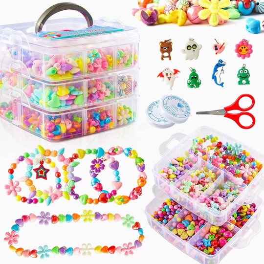 1100 PCS Kids Jewelry Making Beads Kit – DIY Bracelet Craft Set with Scissors, String & Accessories, Colorful Acrylic Beads for Girls Creative Arts & Crafts
